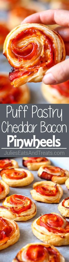 puff pastry cheddar bacon pinwheels on a baking sheet with text overlay