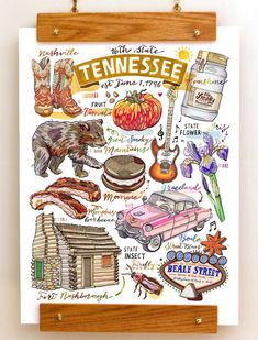 a poster hanging on a wall with many things around it and the words tennessee written in different languages