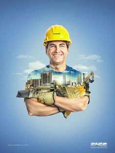 a man with a hard hat and construction equipment in his hands is smiling at the camera