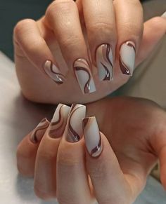 Birthday Nails Medium Coffin, Tone On Tone Nails, Brown And Tan Nail Designs, Brown Nail Designs Square, Autumn Nail Aesthetic, Glitter Fall Nails Acrylic, Boho Aesthetic Nails, Coffe Nail Ideas, Brown Short Nails Design