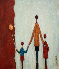 a painting of two people holding hands with an orange balloon