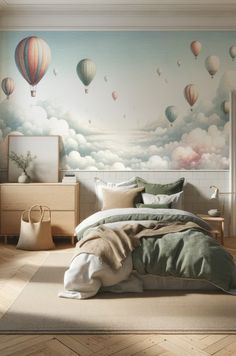 a bedroom decorated with hot air balloons painted on the wall and bed in the foreground