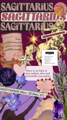 a collage of images with flowers, stars and zodiac signs on it's side