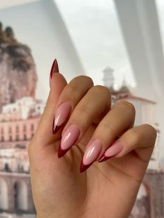 Stilleto Red French Nails, Long Nails Almond Shape, Red Almond Tip Nails, Burgundy Almond Shaped Nails, Thick French Tip Almond, Chrome Red Almond Nails, Red Wine Almond Nails, French Tip Burgundy Nails, Aesthetic Nails Photo