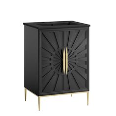 a black cabinet with gold accents on the front and bottom, it has an open door