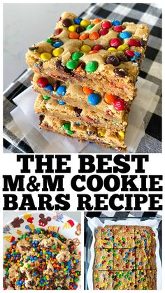 the best m & m cookie bars recipe is in this collage and it's easy to make