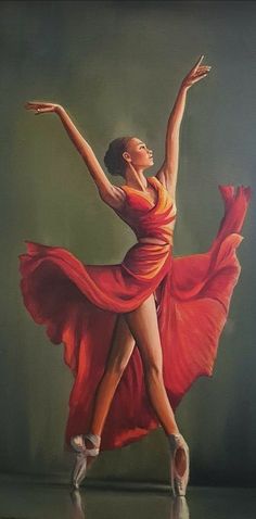 a painting of a woman in a red dress with her arms outstretched and legs spread out