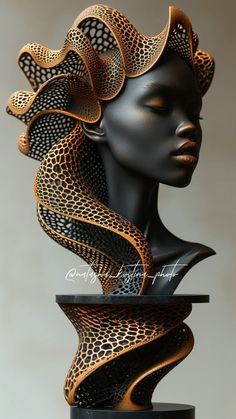 a black mannequin with an intricate headpiece on it's face and hair