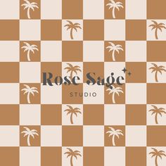 the rose sage studio logo on a checkered background with palm trees in brown and white