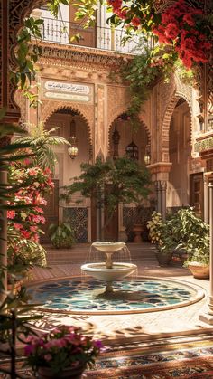 a fountain in the middle of a courtyard with potted plants and flowers on either side