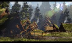 an image of a village in the middle of the forest with lots of grass roofs