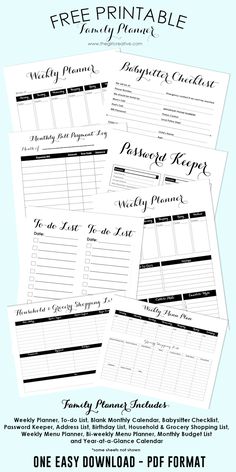 the free printable family planner is shown in black and white, with blue background