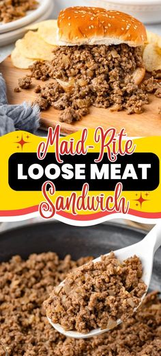 a close up of a spoon with food on it and the words mad - rite loose meat sandwich