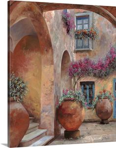 an oil painting of pots and flowers in front of a house