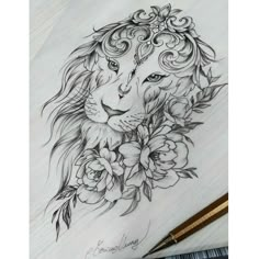 a drawing of a lion with flowers on it's chest and head in the middle