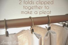 two folds clipped together to make a pleat for curtains with text overlay that reads, 2 folds flipped together to make a pleat