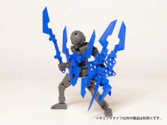 an action figure is posed in front of a white background with blue accents on it