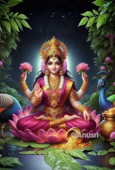 the goddess is sitting in lotuses with her hands up and two birds around her