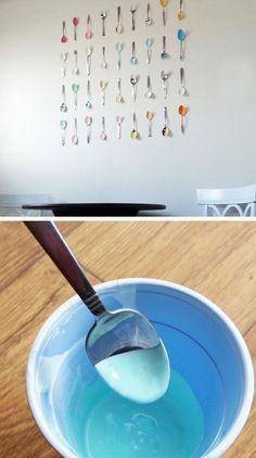 there are two pictures with spoons in the same bowl