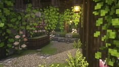 a screenshot of an outdoor area with trees and plants on the ground in minecraft