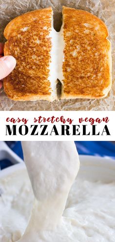 a person dipping cheese on top of a piece of bread with the word mozzarella