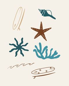 an ocean scene with starfish, corals and other marine life on a white background