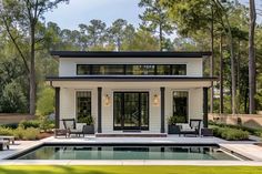 a house with a pool in front of it and lots of trees around the yard