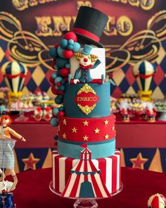 a circus themed birthday cake on a table