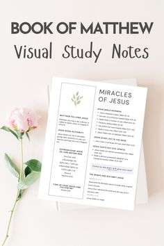 the book of mathew visual study notes is next to a pink flower on a white surface