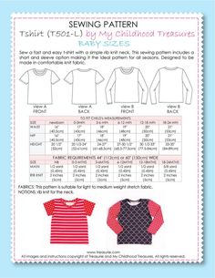 sewing pattern for children's t - shirts with long sleeves and short sleeves, including the