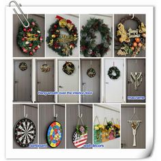 various christmas wreaths hanging on the wall and in front of a dart board with darts