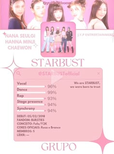 the poster for starburst is shown with girls in pink and black outfits,