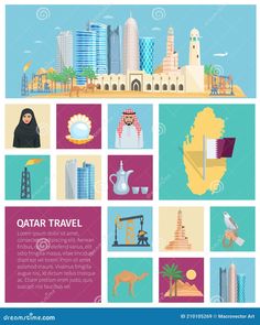 qatar travel poster with landmarks and attractions in flat style stock photo - image 34987