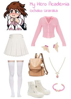 Ochako Uraraka Inspired Outfit, Uraraka Inspired Outfits, My Hero Academia Ochako Uraraka, My Hero Academia Ochako, High White Socks, Pink And White Outfit, Head Cannons, Mha Characters