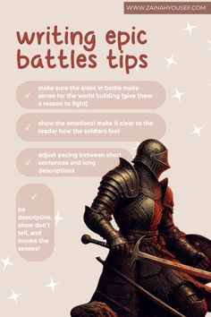 a poster with an image of a knight sitting on top of a horse, and the words writing epic battles tips above it