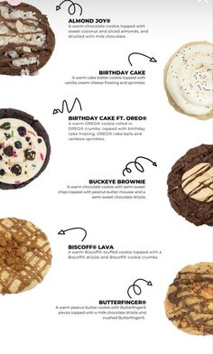 an info sheet showing the different types of cookies and pies in each cookie size