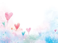 watercolor background with heart shaped balloons floating in the air