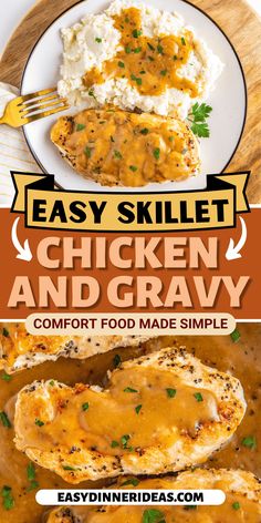 easy skillet chicken and gravy recipe with text overlay