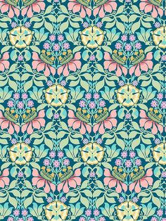 a blue and pink floral wallpaper pattern