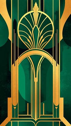 an art deco poster with gold and green