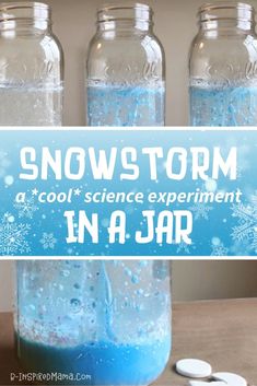 snow storm in a jar with text overlay that reads, snowstorm a cool science experiment in a jar