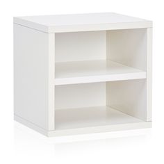 a white shelf with two shelves on one side and an empty shelf on the other