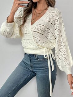 Women Open Front Hollow Out Knit Cardigan With Side Tie, Casual For Autumn Beige Casual  Long Sleeve Fabric Plain  Medium Stretch  Women Clothing, size features are:Bust: ,Length: ,Sleeve Length: Fake Collar, Áo Len Cardigan, Collars For Women, Winter Mode, Boho Women, Inspiration Mode, Kids Beachwear, Knitwear Women, Maternity Bag