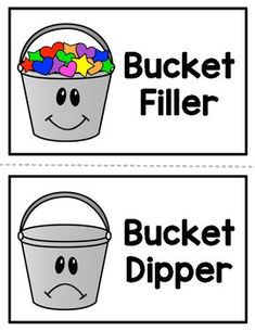 two buckets with different colored candies and the words bucket filler on them