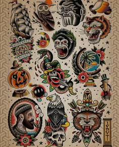 an old school tattoo design with many different tattoos