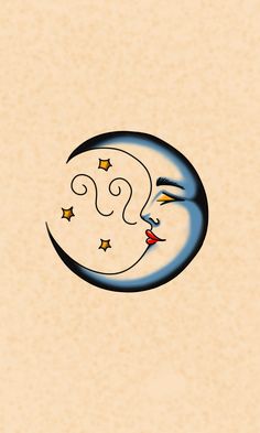 a drawing of a crescent moon with a face and stars in the sky above it