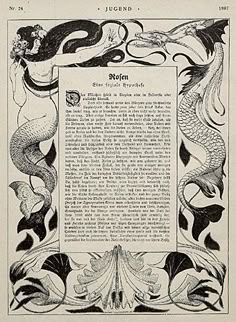 an old book with mermaids on it and the title page in black ink,