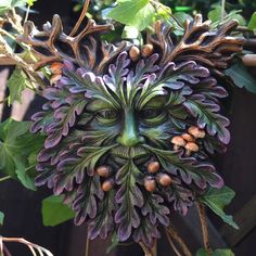 a green man's face made out of leaves and acorns on a tree