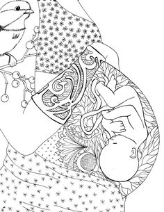 a black and white drawing of a woman holding a baby in her arms with a bird sitting on top of it