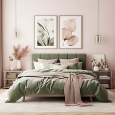 a bedroom with pink walls, green bedding and two pictures on the wall above it